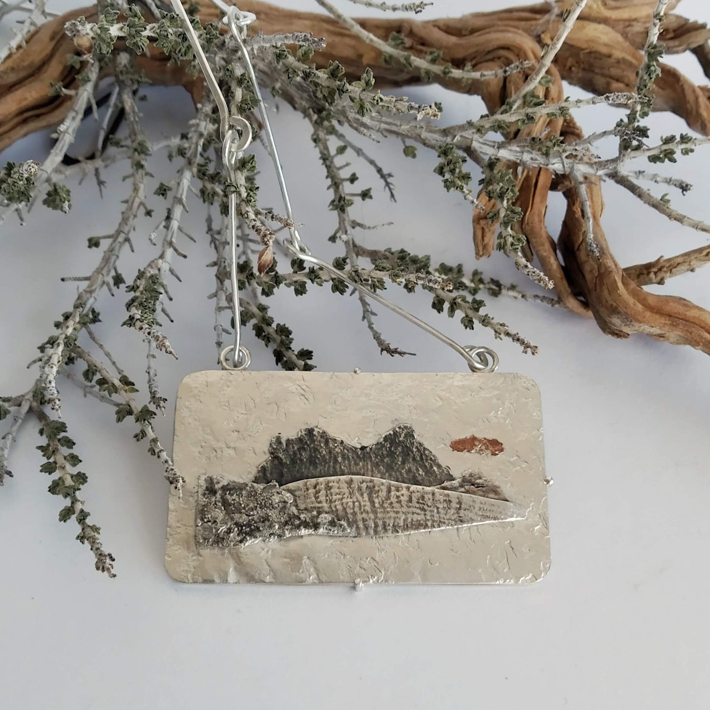 Silver and copper pendant with handmade chain representing a mountain