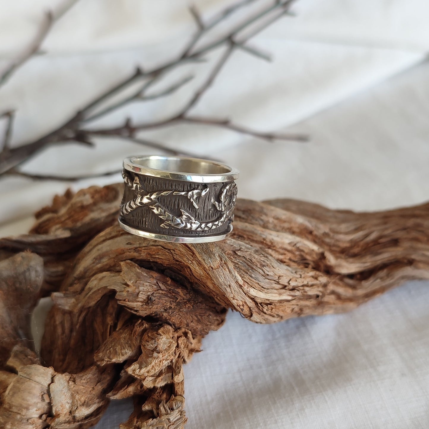 Oxidized silver ring with dragon. Band