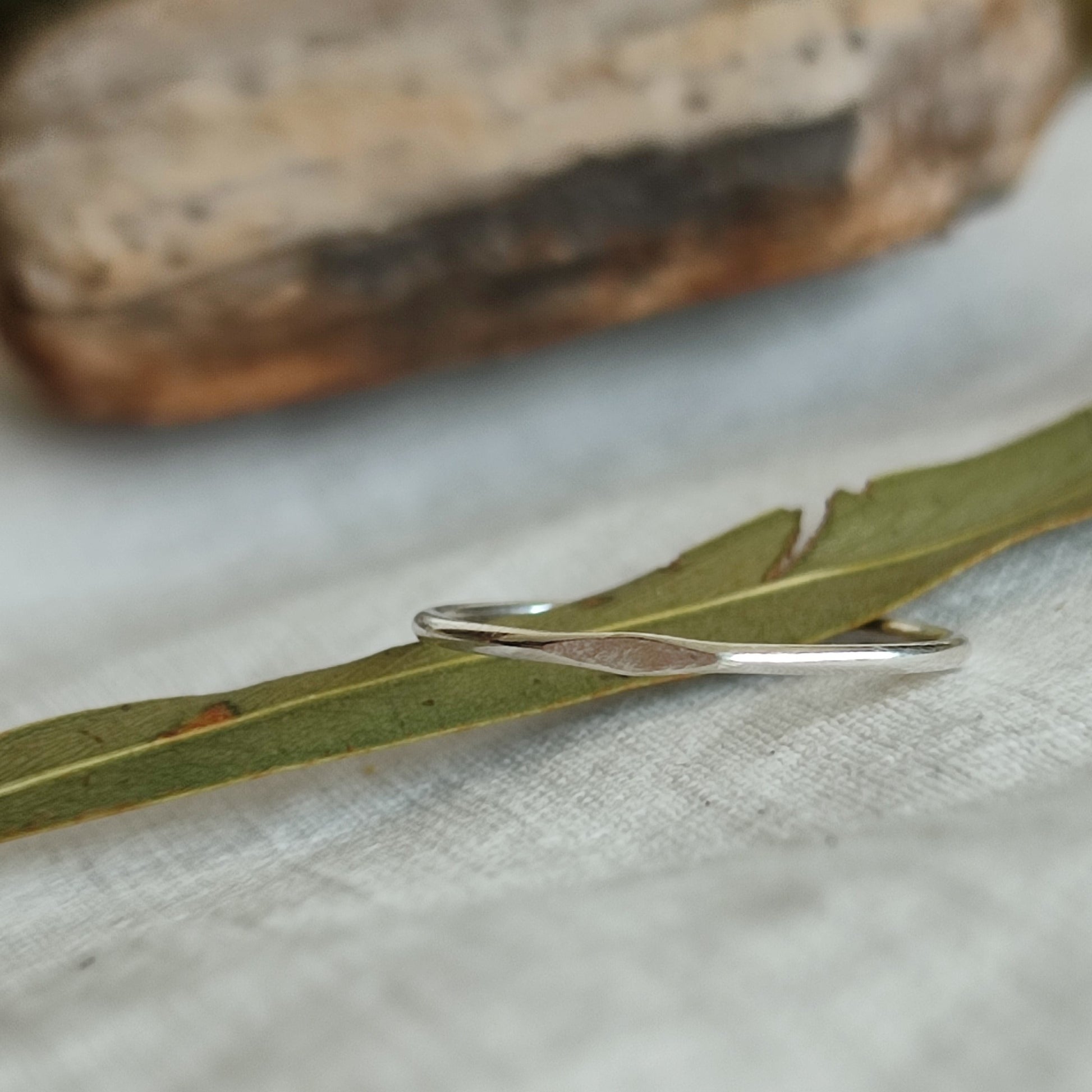 Thin silver ring with a flat central part, on an eucalyptus leaf