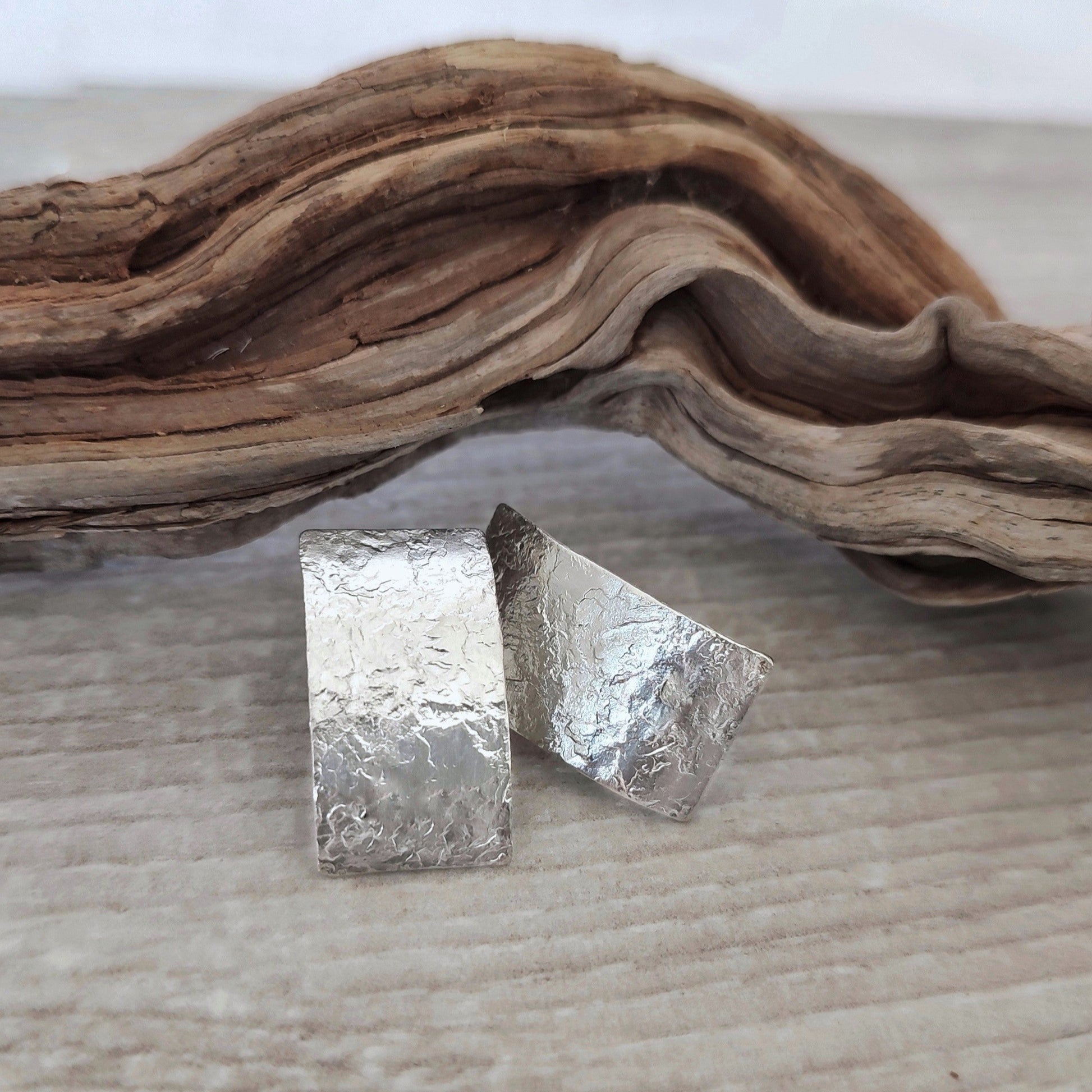 Handmade, rectangular silver earrings