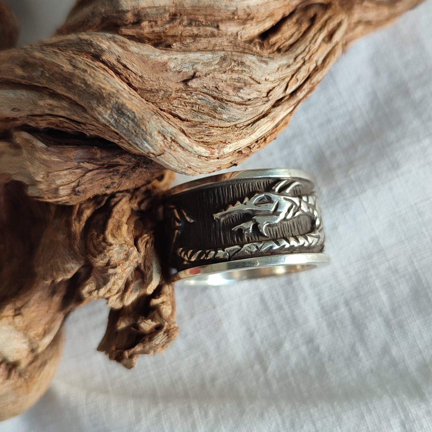 Oxidized silver ring with dragon. Band