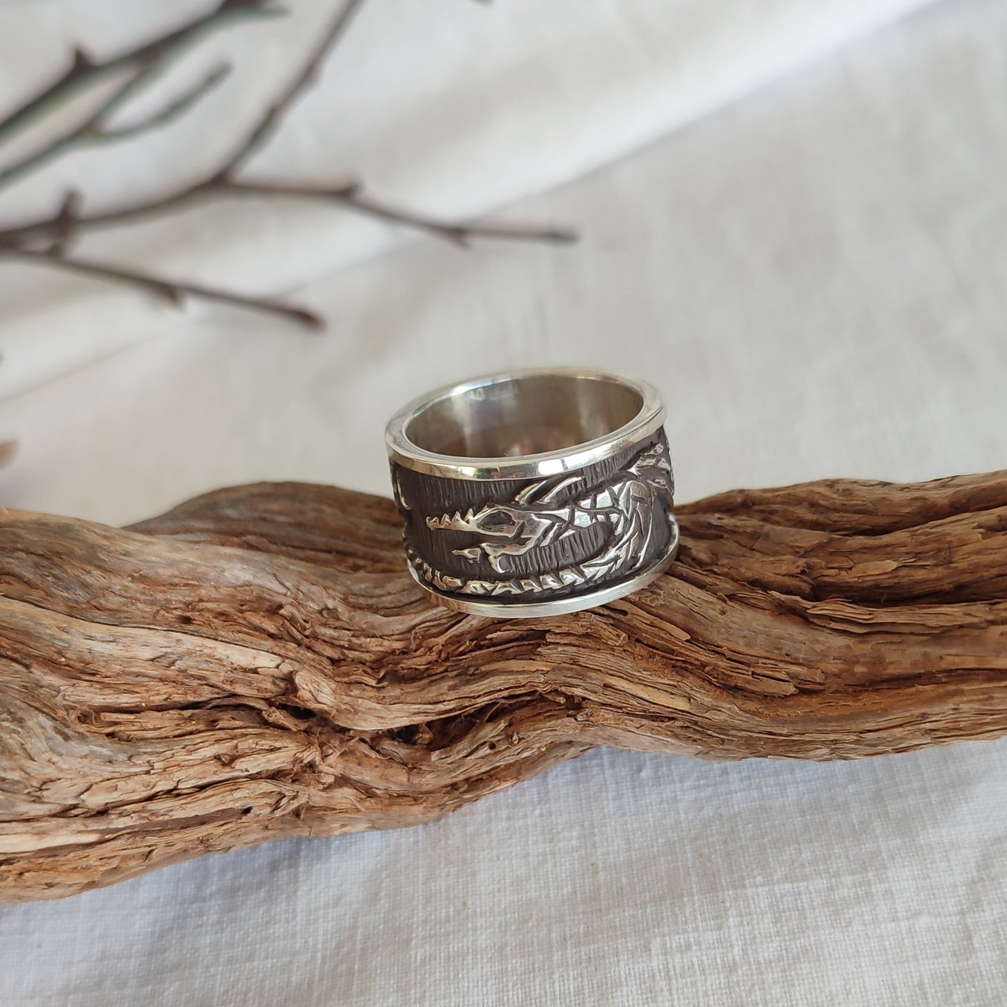 Oxidized silver ring with dragon. Band